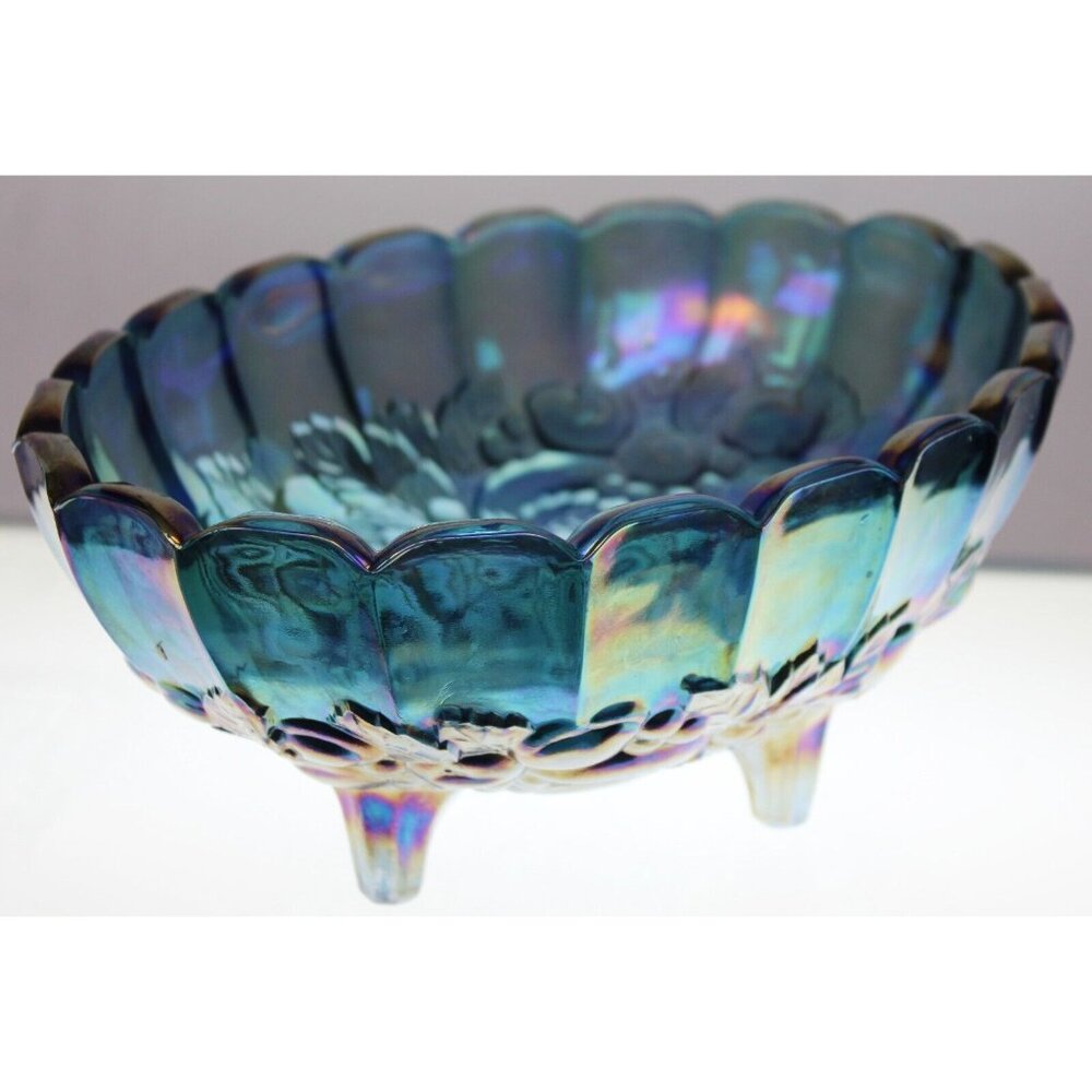 VTG Indiana Carnival Glass Blue Grapes Footed Harvest Fruit Bowl Iridescent